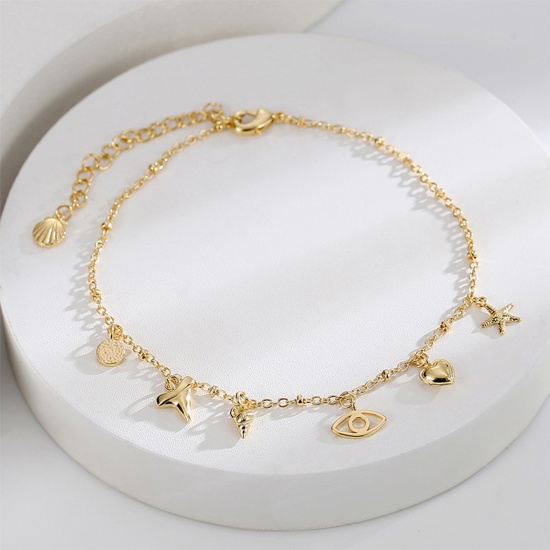 Picture of Eco-friendly Exquisite Ocean Jewelry 18K Real Gold Plated Brass Link Cable Chain Conch/ Sea Snail Star Fish Anklet For Women 25cm(9 7/8") long, 1 Piece