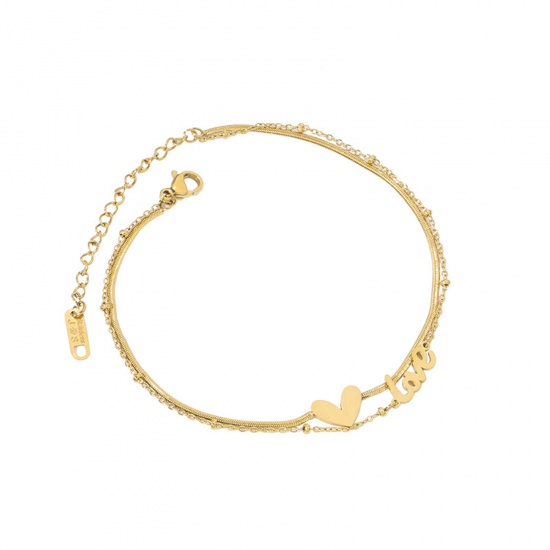 Picture of 1 Piece Vacuum Plating Exquisite Stylish 18K Gold Color 304 Stainless Steel Link Cable Chain Heart Anklet For Women 19cm(7 4/8") long