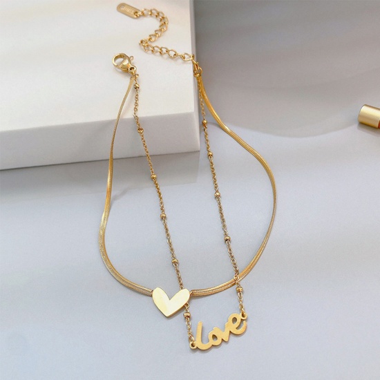Picture of 1 Piece Vacuum Plating Exquisite Stylish 18K Gold Color 304 Stainless Steel Link Cable Chain Heart Anklet For Women 19cm(7 4/8") long