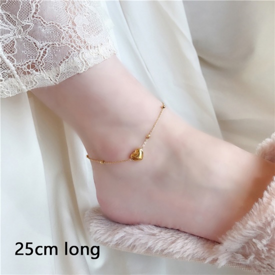 Picture of 1 Piece Vacuum Plating Exquisite Stylish 18K Gold Plated 304 Stainless Steel Ball Chain Heart Anklet For Women 25cm(9 7/8") long