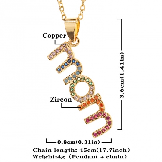 Picture of Eco-friendly Stylish Retro 18K Gold Plated Brass & Cubic Zirconia Link Cable Chain Message " Mom " Micro Pave Pendant Necklace For Women Mother's Day 45cm(17 6/8") long, 1 Piece