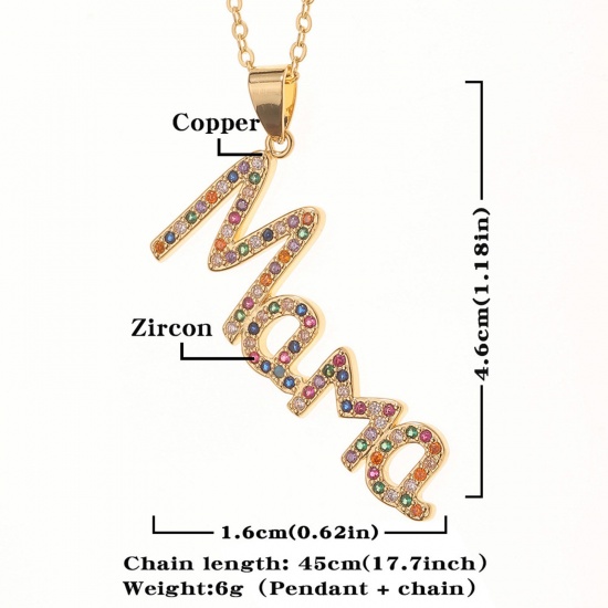 Picture of Eco-friendly Stylish Retro 18K Gold Plated Brass & Cubic Zirconia Link Cable Chain Message " Mama " Micro Pave Pendant Necklace For Women Mother's Day 45cm(17 6/8") long, 1 Piece