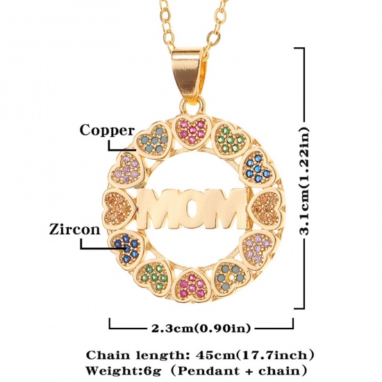 Picture of Eco-friendly Stylish Retro 18K Gold Plated Brass & Cubic Zirconia Link Cable Chain Circle Ring Heart Message " Mom " Micro Pave Pendant Necklace For Women Mother's Day 45cm(17 6/8") long, 1 Piece