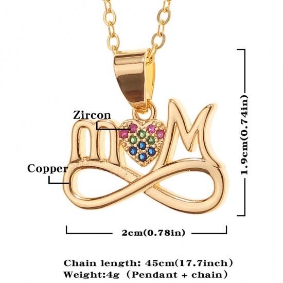 Picture of Eco-friendly Stylish Retro 18K Gold Plated Brass & Cubic Zirconia Link Cable Chain Infinity Symbol Message " Mom " Micro Pave Pendant Necklace For Women Mother's Day 45cm(17 6/8") long, 1 Piece