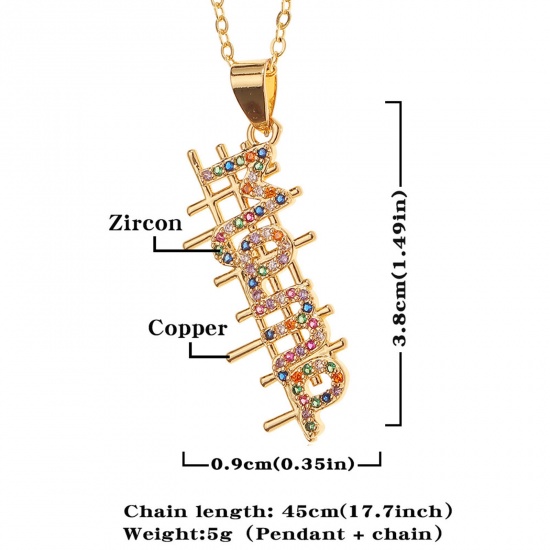 Picture of Eco-friendly Stylish Retro 18K Gold Plated Brass & Cubic Zirconia Link Cable Chain Message " Mama " Micro Pave Pendant Necklace For Women Mother's Day 45cm(17 6/8") long, 1 Piece