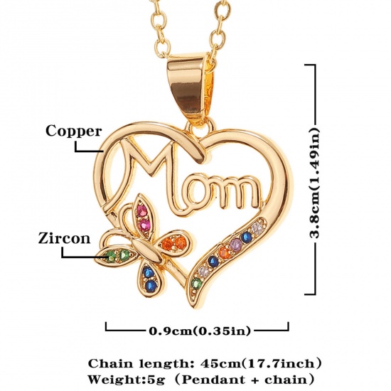 Picture of Eco-friendly Stylish Retro 18K Gold Plated Brass & Cubic Zirconia Link Cable Chain Heart Message " Mom " Micro Pave Pendant Necklace For Women Mother's Day 45cm(17 6/8") long, 1 Piece