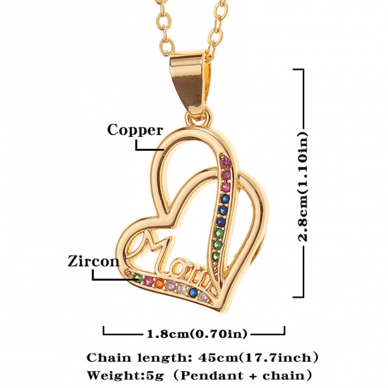 Picture of Eco-friendly Stylish Retro 18K Gold Plated Brass & Cubic Zirconia Link Cable Chain Heart Message " Mom " Micro Pave Pendant Necklace For Women Mother's Day 45cm(17 6/8") long, 1 Piece
