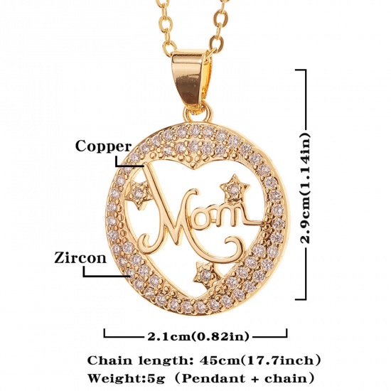 Picture of Eco-friendly Stylish Retro 18K Gold Plated Brass & Cubic Zirconia Link Cable Chain Heart Round Message " Mom " Micro Pave Pendant Necklace For Women Mother's Day 45cm(17 6/8") long, 1 Piece