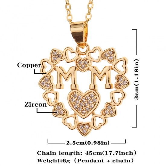 Picture of Eco-friendly Stylish Retro 18K Gold Plated Brass & Cubic Zirconia Link Cable Chain Heart Circle Ring Message " Mom " Micro Pave Pendant Necklace For Women Mother's Day 45cm(17 6/8") long, 1 Piece