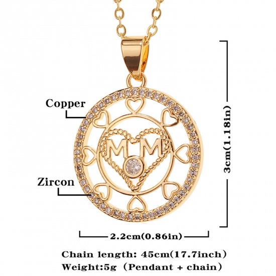 Picture of Eco-friendly Stylish Retro 18K Gold Plated Brass & Cubic Zirconia Link Cable Chain Heart Circle Ring Message " Mom " Micro Pave Pendant Necklace For Women Mother's Day 45cm(17 6/8") long, 1 Piece