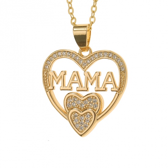 Picture of Eco-friendly Stylish Retro 18K Gold Plated Brass & Cubic Zirconia Link Cable Chain Heart Message " Mama " Micro Pave Pendant Necklace For Women Mother's Day 45cm(17 6/8") long, 1 Piece