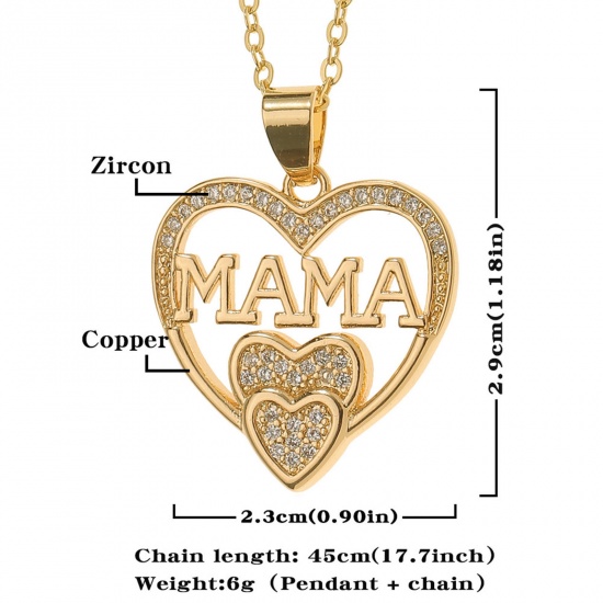 Picture of Eco-friendly Stylish Retro 18K Gold Plated Brass & Cubic Zirconia Link Cable Chain Heart Message " Mama " Micro Pave Pendant Necklace For Women Mother's Day 45cm(17 6/8") long, 1 Piece