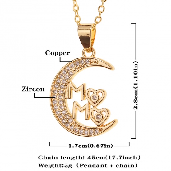 Picture of Eco-friendly Stylish Retro 18K Gold Plated Brass & Cubic Zirconia Link Cable Chain Half Moon Message " Mama " Micro Pave Pendant Necklace For Women Mother's Day 45cm(17 6/8") long, 1 Piece