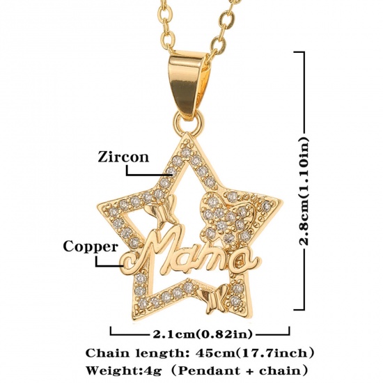 Picture of Eco-friendly Stylish Retro 18K Gold Plated Brass & Cubic Zirconia Link Cable Chain Pentagram Star Message " Mama " Micro Pave Pendant Necklace For Women Mother's Day 45cm(17 6/8") long, 1 Piece