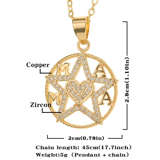 Picture of Eco-friendly Stylish Retro 18K Gold Plated Brass & Cubic Zirconia Link Cable Chain Circle Ring Pentagram Star Message " Mama " Micro Pave Pendant Necklace For Women Mother's Day 45cm(17 6/8") long, 1 Piece