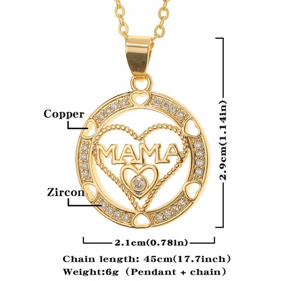 Picture of Eco-friendly Stylish Retro 18K Gold Plated Brass & Cubic Zirconia Link Cable Chain Circle Ring Message " Mom " Micro Pave Pendant Necklace For Women Mother's Day 45cm(17 6/8") long, 1 Piece