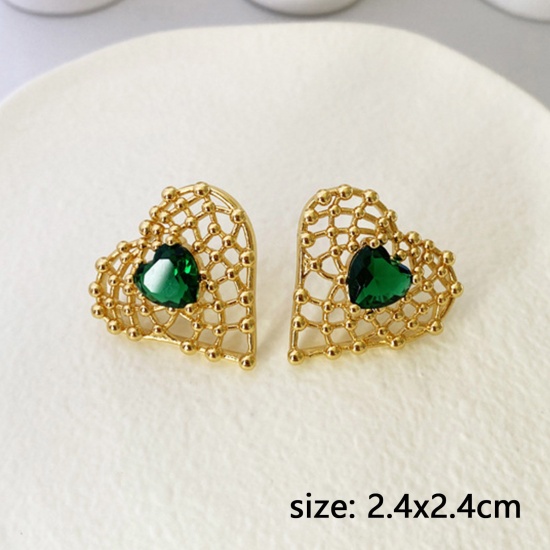 Picture of Hypoallergenic Exquisite Retro 18K Gold Plated Brass & Cubic Zirconia Heart Ear Post Stud Earrings For Women Valentine's Day 24mm x 24mm, 1 Pair