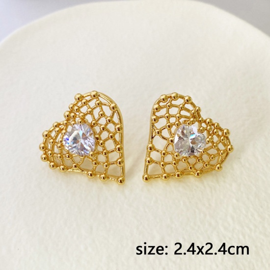 Picture of Hypoallergenic Exquisite Retro 18K Gold Plated Brass & Cubic Zirconia Heart Ear Post Stud Earrings For Women Valentine's Day 24mm x 24mm, 1 Pair