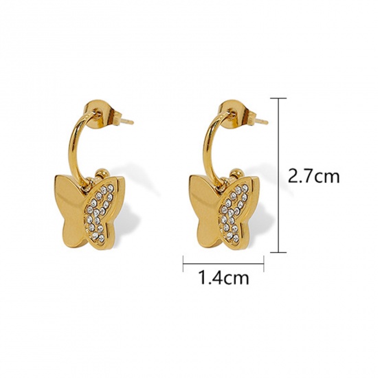 Picture of 1 Pair Vacuum Plating Simple & Casual Stylish 18K Real Gold Plated 304 Stainless Steel & Cubic Zirconia Butterfly Animal Earrings For Women Anniversary 2.7cm x 1.4cm