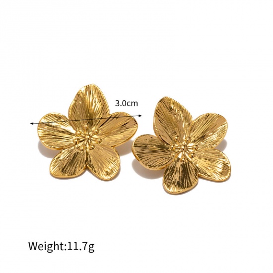 Picture of 1 Pair Vacuum Plating Stylish Retro 18K Real Gold Plated 304 Stainless Steel Flower Ear Post Stud Earrings For Women Party 3cm x 3cm