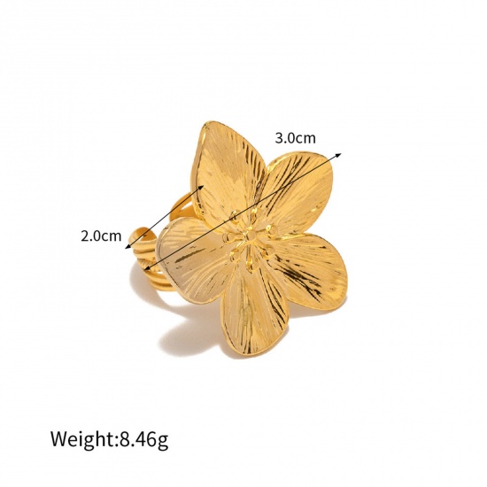 Picture of 1 Piece Vacuum Plating Retro Stylish 18K Real Gold Plated 304 Stainless Steel Open Adjustable Flower Rings For Women Party 20mm(US Size 10.25)