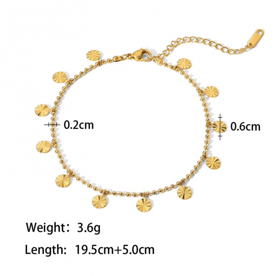 Picture of 1 Piece Vacuum Plating Exquisite Stylish 18K Real Gold Plated 304 Stainless Steel Ball Chain Tassel Round Anklet For Women 19cm(7 4/8") long