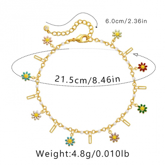 Picture of Eco-friendly Stylish Boho Chic Bohemia 18K Gold Plated Brass Link Cable Chain Tassel Flower Anklet For Women 22cm(8 5/8") long, 1 Piece