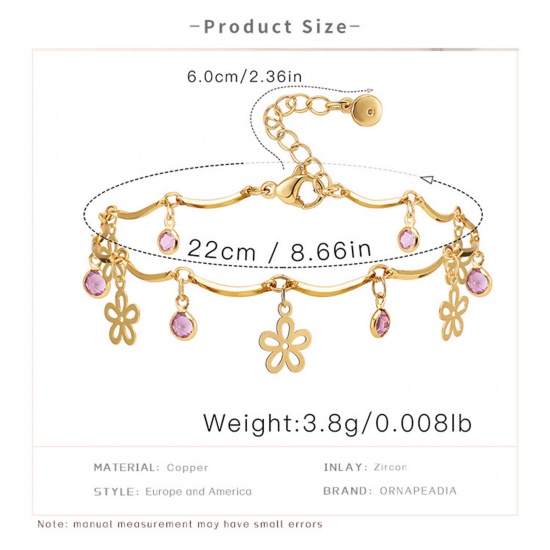 Picture of Eco-friendly Exquisite Stylish 18K Gold Color Copper & Cubic Zirconia Link Chain Tassel Flower Anklet For Women 22cm(8 5/8") long, 1 Piece