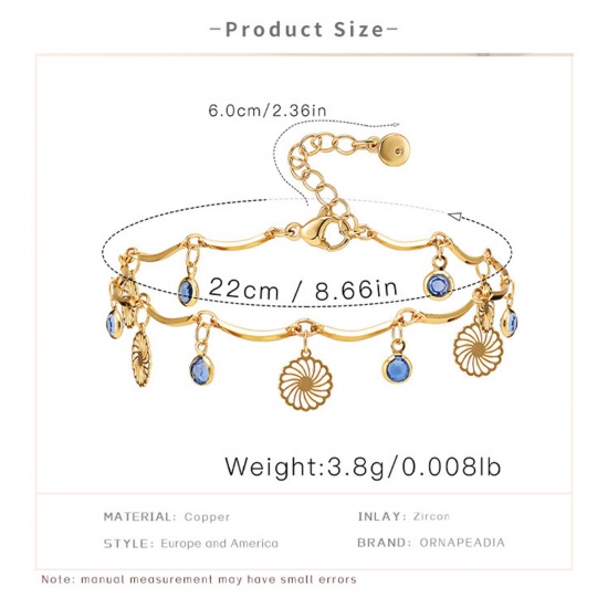 Picture of Eco-friendly Minimalist Stylish 18K Gold Color Copper & Cubic Zirconia Link Chain Tassel Round Anklet For Women 22cm(8 5/8") long, 1 Piece