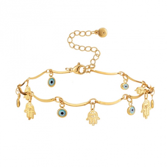 Picture of Eco-friendly Exquisite Retro 18K Real Gold Plated Brass Link Chain Tassel Hamsa Symbol Hand Anklet For Women 22cm(8 5/8") long, 1 Piece