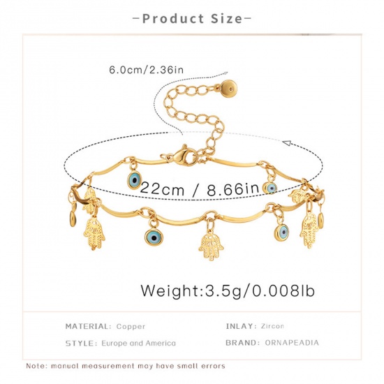 Picture of Eco-friendly Exquisite Retro 18K Real Gold Plated Copper Link Chain Tassel Hamsa Symbol Hand Anklet For Women 22cm(8 5/8") long, 1 Piece