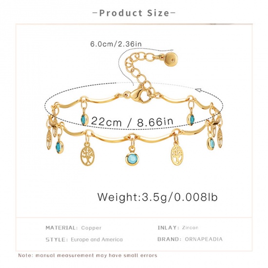 Picture of Eco-friendly Exquisite Retro 18K Gold Color Copper & Cubic Zirconia Link Chain Tassel Tree of Life Anklet For Women 22cm(8 5/8") long, 1 Piece