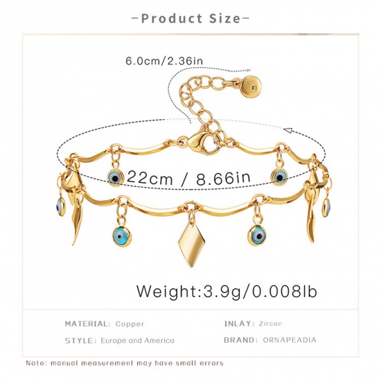 Picture of Eco-friendly Exquisite Retro 18K Real Gold Plated Brass Link Chain Eye Rhombus Anklet For Women 22cm(8 5/8") long, 1 Piece