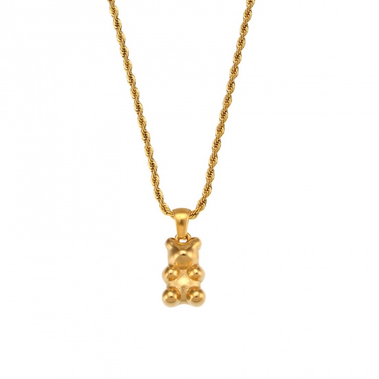 Picture of 1 Piece Vacuum Plating Simple & Casual Cute 18K Real Gold Plated 316 Stainless Steel Braided Rope Chain Bear Animal Pendant Necklace For Women 40cm(15 6/8") long