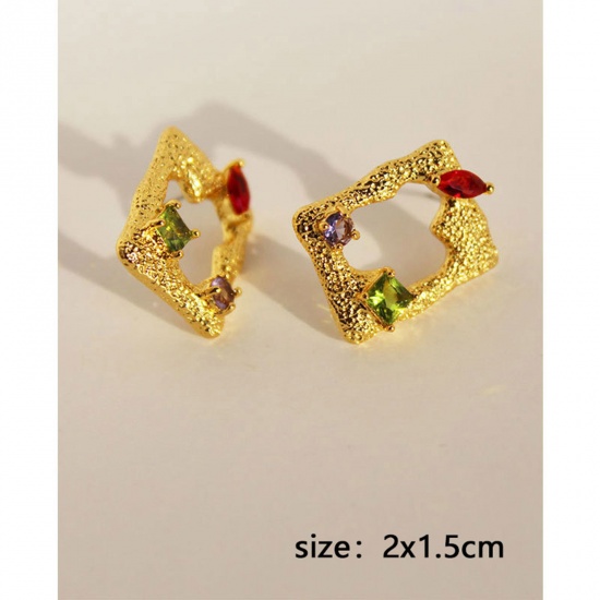 Picture of Hypoallergenic Stylish Style Of Royal Court Character 18K Gold Plated Brass & Cubic Zirconia Rectangle Ear Post Stud Earrings For Women Party 2cm x 1.5cm, 1 Pair