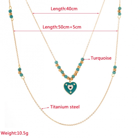 Picture of 1 Piece Vacuum Plating Simple & Casual Boho Chic Bohemia 18K Gold Plated 304 Stainless Steel & Stone Heart Multilayer Layered Necklace For Women Party 40cm(15 6/8") long