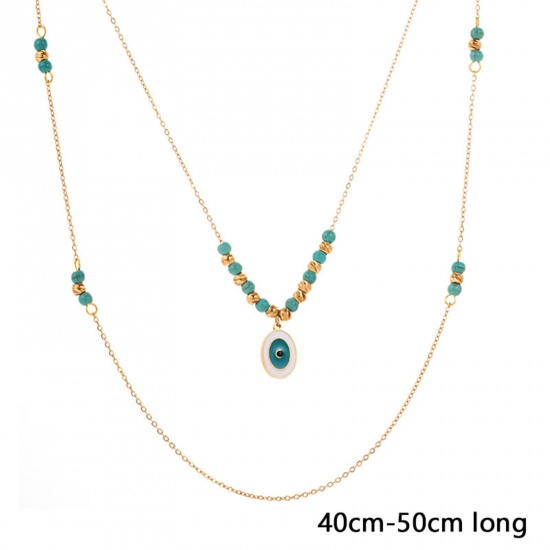 Picture of 1 Piece Vacuum Plating Simple & Casual Boho Chic Bohemia 18K Gold Plated 304 Stainless Steel & Stone Oval Multilayer Layered Necklace For Women Party 40cm(15 6/8") long