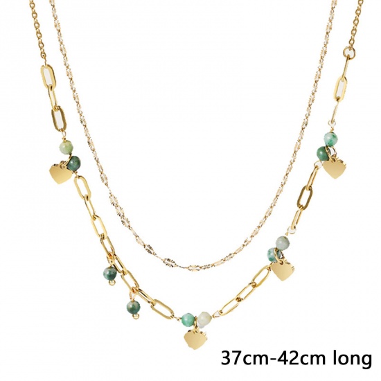 Picture of 1 Piece Vacuum Plating Stylish Boho Chic Bohemia 14K Real Gold Plated 304 Stainless Steel & Stone Paperclip Chain Multilayer Layered Necklace For Women Party 47cm-42cm long