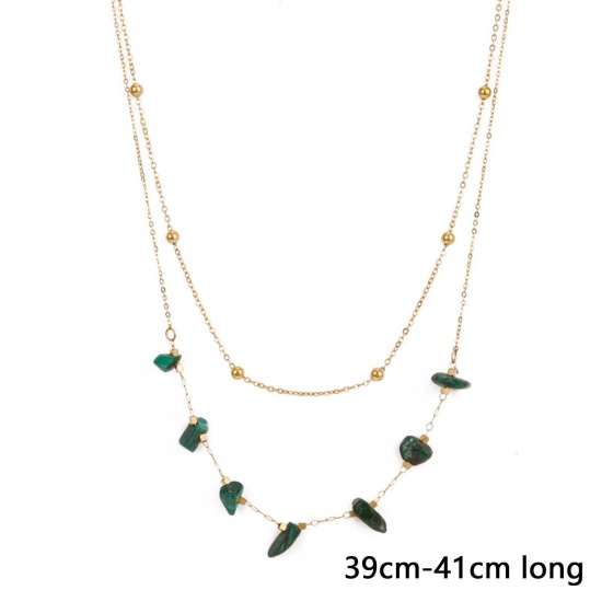 Picture of 1 Piece Vacuum Plating Stylish Boho Chic Bohemia 14K Real Gold Plated 304 Stainless Steel & Stone Ball Chain Chip Beads Multilayer Layered Necklace For Women Party 39cm-41cm long