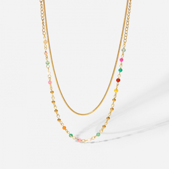 Immagine di 1 Pz Placcatura Sottovuoto Semplice & Casual Stile Bohemien 18K Vero Oro Placcato 304 Acciaio Inossidabile & Pietra Catena di Serpente Multistrato Collana Per Donne Festa 38cm Lunghezza