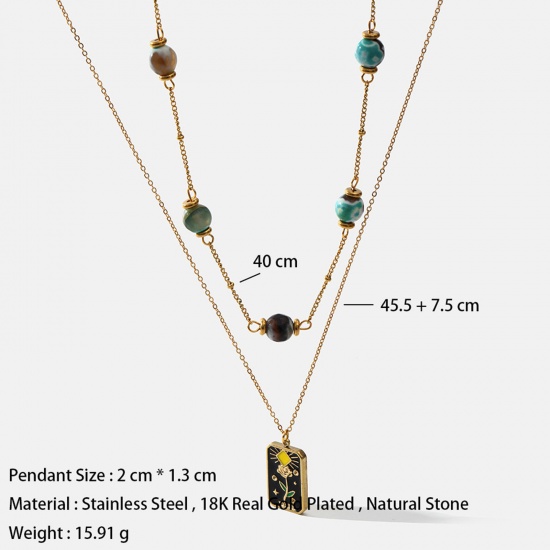 Picture of 1 Piece Vacuum Plating Stylish Retro 18K Gold Plated 304 Stainless Steel & Stone Link Cable Chain Rectangle Flower Multilayer Layered Necklace For Women Party 40cm(15 6/8") long