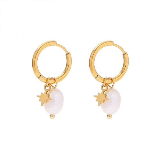 Picture of 1 Pair Vacuum Plating Dainty Retro 18K Real Gold Plated 304 Stainless Steel & Natural Pearl Baroque Earrings For Women Anniversary 3.1cm x 1.6cm