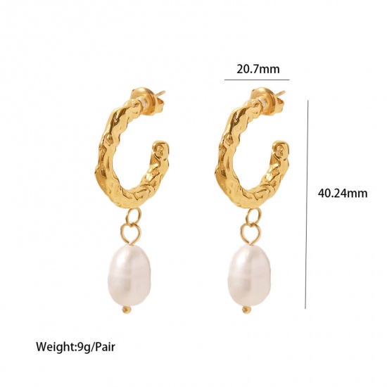 Picture of 1 Pair Vacuum Plating Dainty Retro 18K Real Gold Plated 304 Stainless Steel & Natural Pearl Baroque Earrings For Women Anniversary 4cm x 2cm