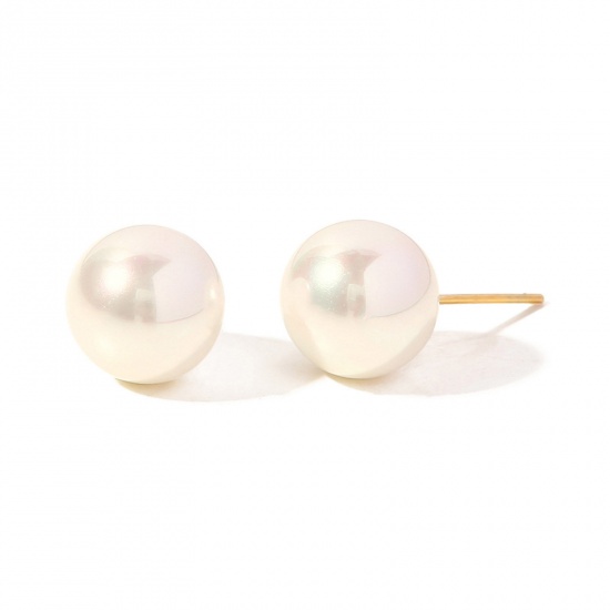 Picture of Hypoallergenic Retro Elegant 18K Gold Color 304 Stainless Steel Ball Imitation Pearl Ear Post Stud Earrings For Women Anniversary 10mm Dia., 1 Pair