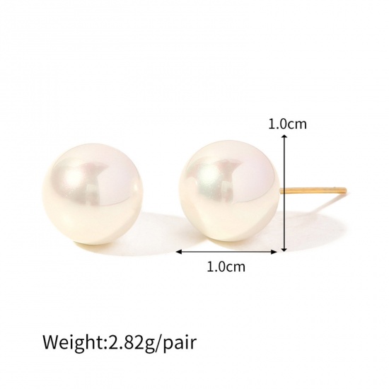 Picture of Hypoallergenic Retro Elegant 18K Gold Plated 304 Stainless Steel Ball Imitation Pearl Ear Post Stud Earrings For Women Anniversary 10mm Dia., 1 Pair