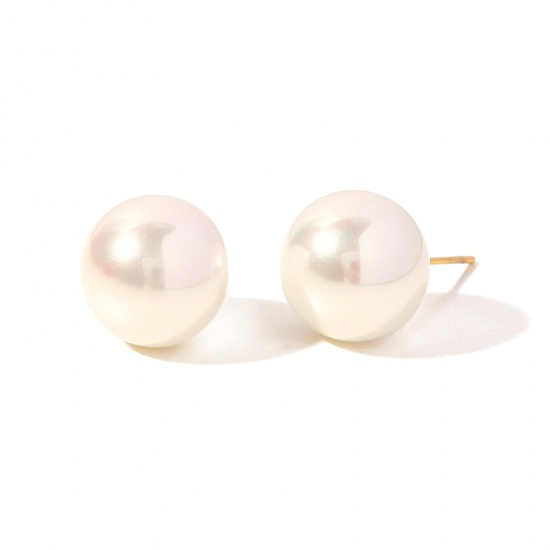 Picture of Hypoallergenic Retro Elegant 18K Gold Color 304 Stainless Steel Ball Imitation Pearl Ear Post Stud Earrings For Women Anniversary 12mm Dia., 1 Pair