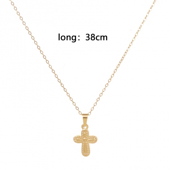 Picture of Eco-friendly Vacuum Plating Simple & Casual Religious 18K Gold Color 304 Stainless Steel Link Cable Chain Cross Pendant Necklace Unisex 38cm(15") long, 1 Piece