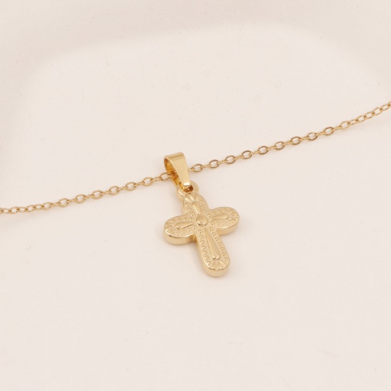 Picture of Eco-friendly Vacuum Plating Simple & Casual Religious 18K Gold Color 304 Stainless Steel Link Cable Chain Cross Pendant Necklace Unisex 38cm(15") long, 1 Piece