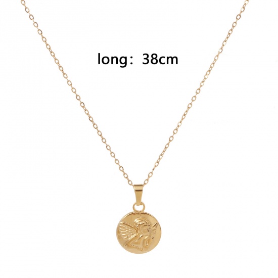 Picture of Eco-friendly Vacuum Plating Simple & Casual Religious 18K Gold Color 304 Stainless Steel Link Cable Chain Round Angel Pendant Necklace Unisex 38cm(15") long, 1 Piece