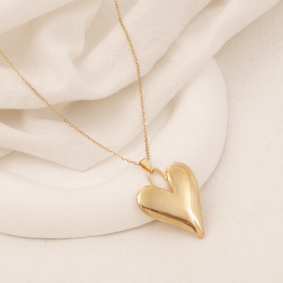 Picture of 1 Piece Vacuum Plating Simple & Casual Stylish 18K Gold Color 304 Stainless Steel Link Cable Chain Heart Pendant Necklace Unisex 38cm(15") long